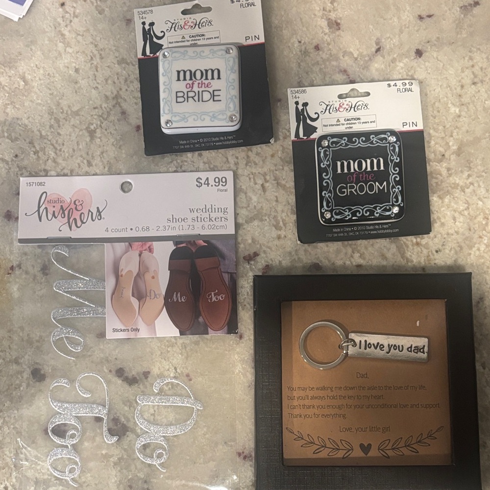 Wedding Shoe Stickers and Pin and Keychain Set